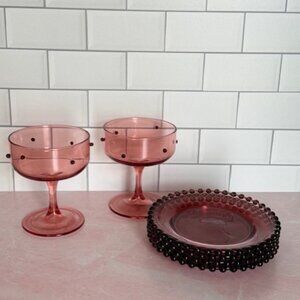 Threshold Set of (2) Coupe Glasses (4) Appetizer Plates - Pink - Red - Polka Dot
